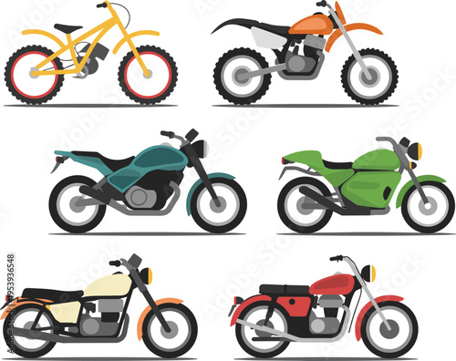motorcycle collection illustration, different bike types set, sport dirt cruiser models, modern transport design, colorful vehicle vector icons bundle