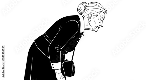 Elderly woman bending over in black and white.