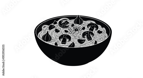 A black and white illustration depicts a bowl filled with noodles mushrooms and tomato slices