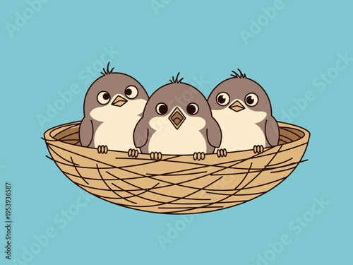 Three cute baby birds sitting together in a cozy nest.