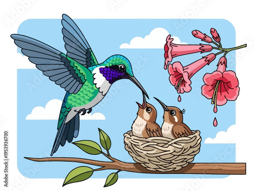 Hummingbird feeding its chicks in a nest on a branch.