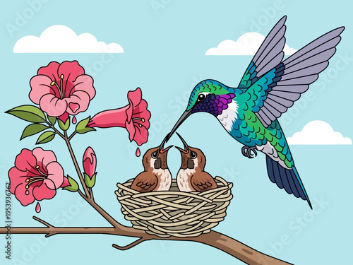Hummingbird feeding its chicks in a nest on a branch with flowers.