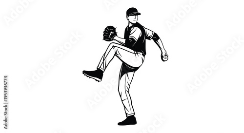A dynamic black and white illustration depicts a baseball pitcher in the middle of his throwing motion