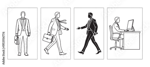 A series of four illustrations depicting a man's daily office routine