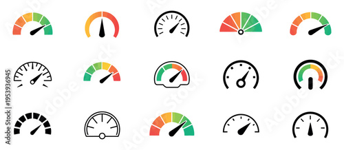 Speedometer Icon Set Featuring Speed Indicator Gauge Dashboard Tachometer Scale Arrow Vector Illustration Performance Measurement
