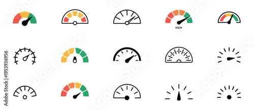Speedometer Icon Set With Speed Indicator Gauge Dashboard Tachometer Scale Arrow Vector Illustration Performance Measurement