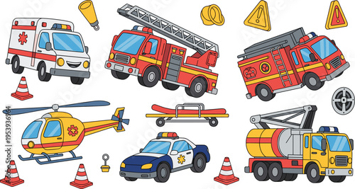 Emergency Rescue Vehicles Illustration Set Featuring Ambulance Fire Truck Helicopter Police Car Tanker and Safety Equipment for Disaster Response and Public Services Design
