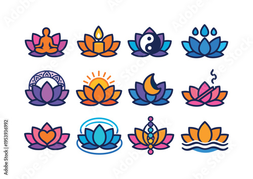 Lotus and meditation symbols: lotus with meditation pose silhouette, lotus with candle flame, lotus with yin yang circle, lotus with water drops, lotus with mandala circle, lotus