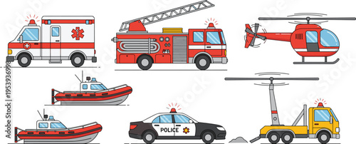 Emergency Response Vehicles Set Featuring Ambulance Fire Truck Rescue Boat Helicopter Police Car and Tow Truck for Public Safety and Disaster Services Design