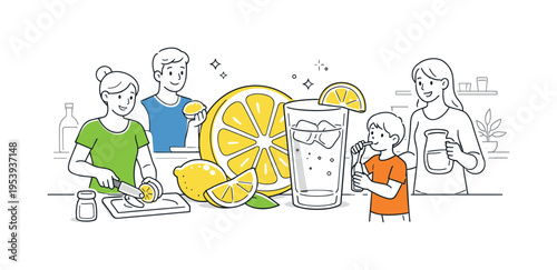 A food and beverage preparation scene highlighting citrus ingredients in a clean kitchen or dining environment, using a sliced lemon and a single glass as a visual metaphor for