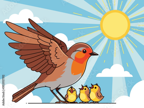 A mother robin bird with her three chicks on a branch.