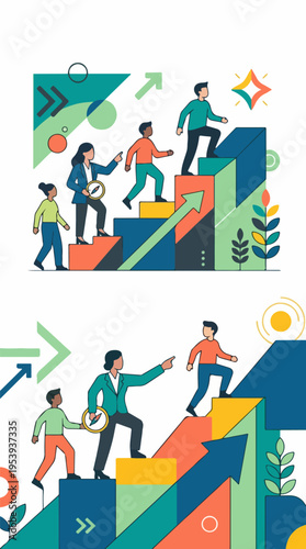 Two business growth step scenes with mentor and 3 icons