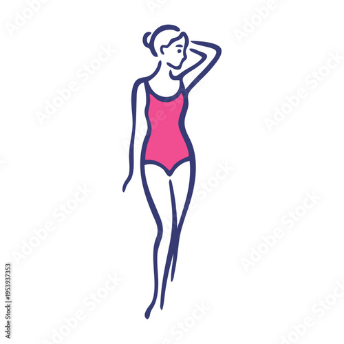 Logotipo con dibujo con líneas de una mujer con bikini de estilo retro, posando de pie con una mano en la cabeza