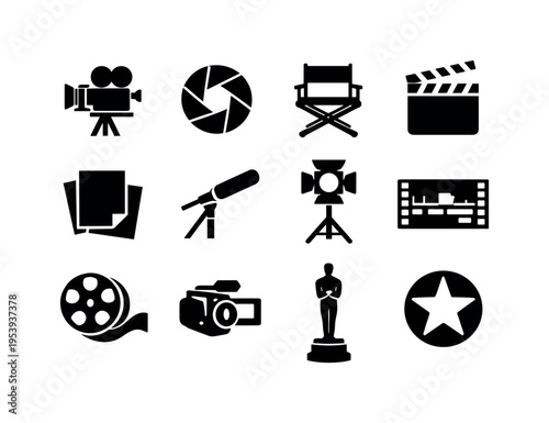 Filmmaking and video production: studio film camera, camera lens aperture, director chair, script paper pages, film slate board, microphone boom pole, lighting studio lamp, video