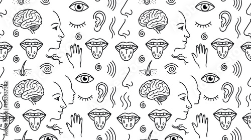 Human senses and anatomy theme with educational clean feel, doodle objects including eye, ear, nose, mouth, tongue, hand, fingers, brain, skin patch, eyelashes, eyebrows, lips,