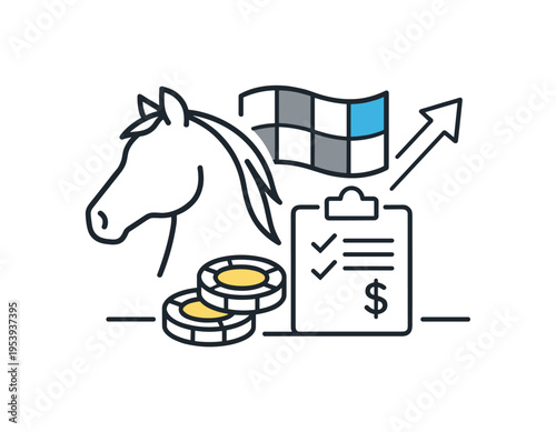 Sports betting analysis and race day preparation within an organized entertainment and leisure context supporting informed decision making, a minimal horse head silhouette aligned
