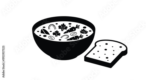 A black and white illustration depicts a bowl of soup with vegetables and a slice of bread