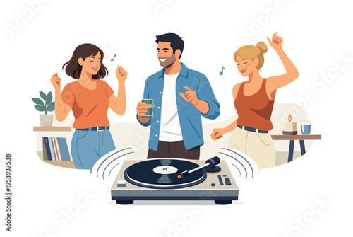 A modern lifestyle scene showing a small group of friends dancing and enjoying a curated playlist in a cozy environment, highlighting leisure time balance and social interaction, a