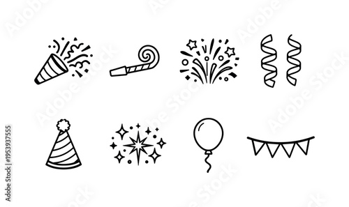 Party confetti celebration: confetti popper, party horn blower, burst confetti pieces, spiral streamers, party hat with pom pom, celebration sparkles, balloon with ribbon, festive