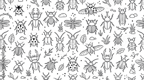 Bug and beetle species theme with clean scientific style, doodle objects including beetle, ladybug, stag beetle, rhinoceros beetle, scarab, weevil, ground beetle, leaf beetle,