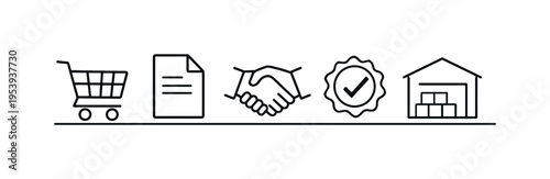 Business procurement and purchasing process managing supplier sourcing, order approval, and acquisition of goods for organizational operations, shopping cart, document file