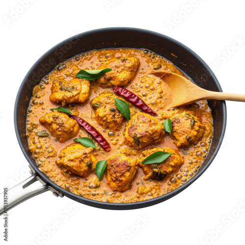Chicken curry in a pan with wooden spoon