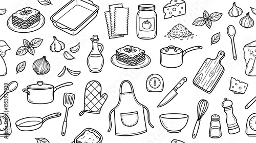Italian lasagna preparation and baking theme with cozy kitchen vibe, doodle objects including lasagna portion, baking tray, pasta sheets, tomato sauce jar, cheese slices, grated
