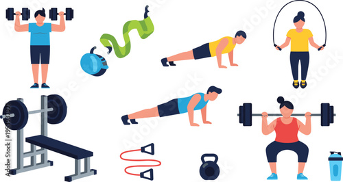Fitness Workout Training Illustration Set Featuring Weightlifting Push Ups Jump Rope Squats Kettlebell and Gym Exercise Activities Vector Collection