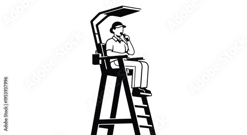 A black and white illustration depicts a lifeguard seated in a tall chair observing