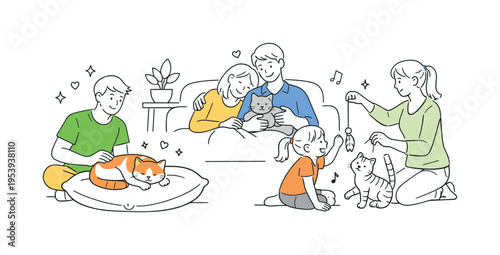 Pet-friendly home and positive emotional connection concept illustrating people enjoying the presence of cats in daily life, using a relaxed cat and a simple cushion as a simple