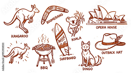 Hand drawn doodle set of Australian symbols and icons