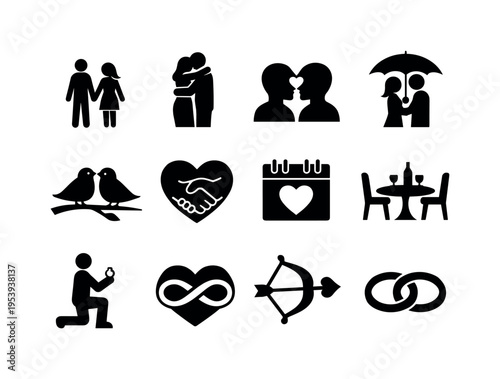 Romantic relationship icons: couple holding hands, couple hugging silhouette, couple with heart between, couple under umbrella, lovebirds pair on branch, heart with handshake, love