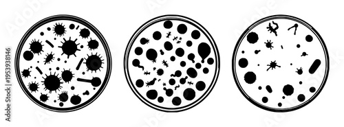 Petri dish set with solid black silhouette and clean circular edges featuring bacteria cultures, microbiology icon, vector graphic with white background and simple design