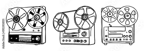 Retro audio equipment set with a vintage reel-to-reel tape recorder featuring thick lines, analog technology, classic design with an old-school aesthetic and modern doodle style