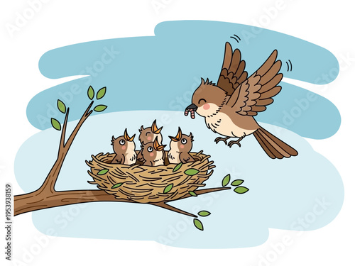 Mother bird feeding her hungry chicks in a nest on a tree branch.