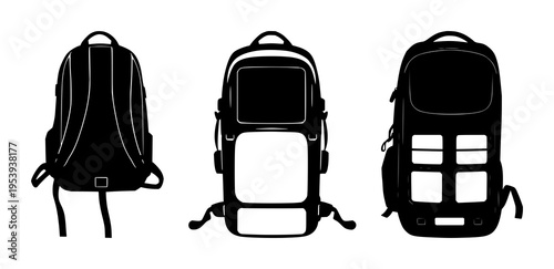 Smart backpack set with solid black silhouette and solar panels and integrated straps featuring high‑tech, nomadic tech lifestyle, white background with silhouette and straps