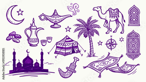 Middle Eastern culture and Islamic holiday hand drawn decorative elements set