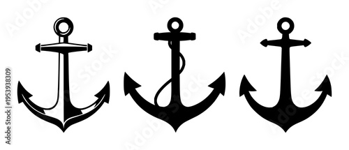 Anchor set with simple black silhouette on white background featuring nautical symbol, maritime icon, line art with logo-friendly and minimalist design