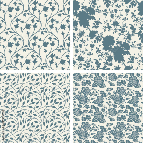 French Blue Botanical Seamless Patterns Bundle: Set of 4 Vintage Floral Silhouettes for Textile and Paper Design