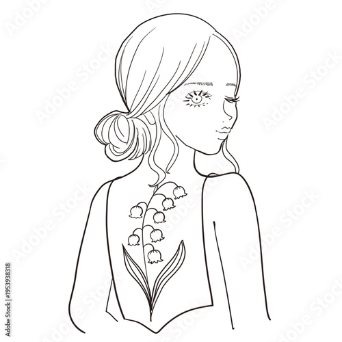 お団子ヘアで背中が空いた服を着た女性の線画。ボタニカルなすずらんが描かれたミニマルなイラスト素材