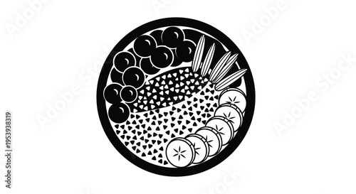 A black and white illustration depicts a circular bowl filled with various sliced fruits and seeds