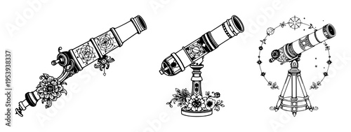 Telescope set with ornate Victorian line art featuring telescope, celestial ornaments, antique science aesthetic with black ink and white background