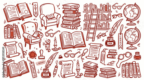 Hand Drawn Library and Reading Elements Collection