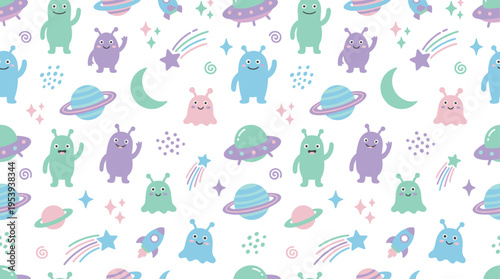 Cute alien doodle seamless pattern for kids and fantasy themed designs featuring smiling alien, waving alien, flying saucer, planet ring, star, moon, comet trail, antenna creature,