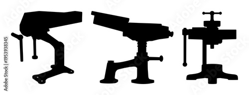 Blacksmith leg vise set with solid black silhouette on white background featuring blacksmith, industrial, mechanical with historical and trade