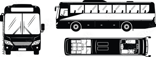 City bus silhouette in front, side and top views, public transport vehicle design, urban transit system, passenger transportation isolated on white background