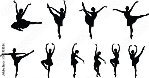 Collection of ballerina silhouette dancers performing ballet poses, graceful movement, classical dance art, elegance and flexibility, artistic performance isolated on white background