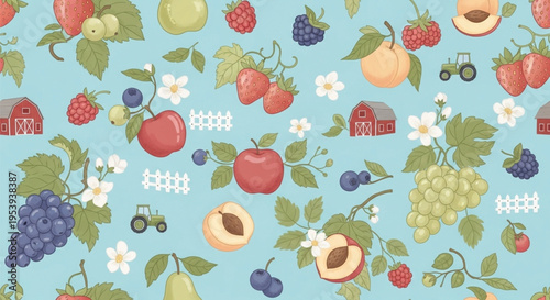Vector Fruit Farm Seamless Pattern, Orchard Apples Berries Grapes with Flowers and Rustic Background