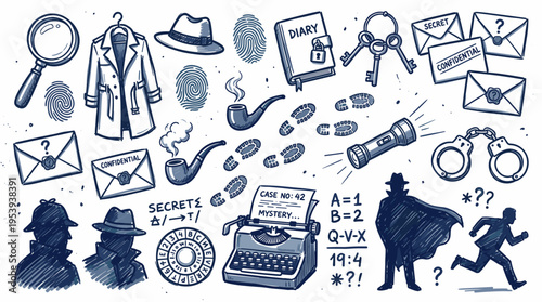 Detective mystery investigation elements set with magnifying glass and clues
