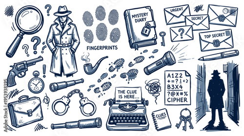 Detective mystery investigation elements set with magnifying glass and clues